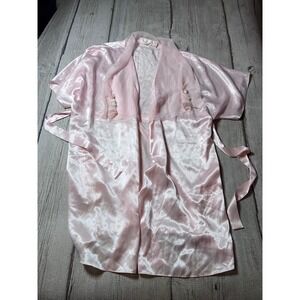 Delicates Robe Womens Large Pink Satin Sheer Lace Trim Short‎ Sleeve